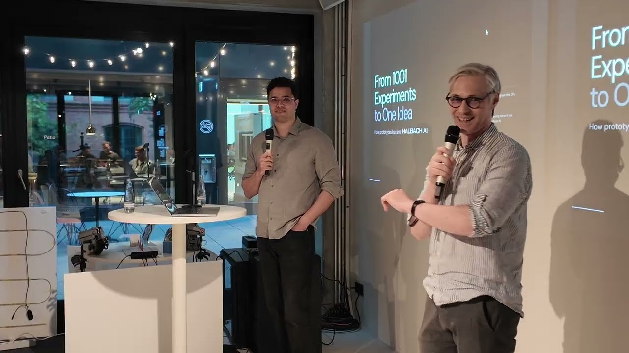 Geoffrey, left, and Tebjan, right, presenting Halbach together at Merantix AI Campus.